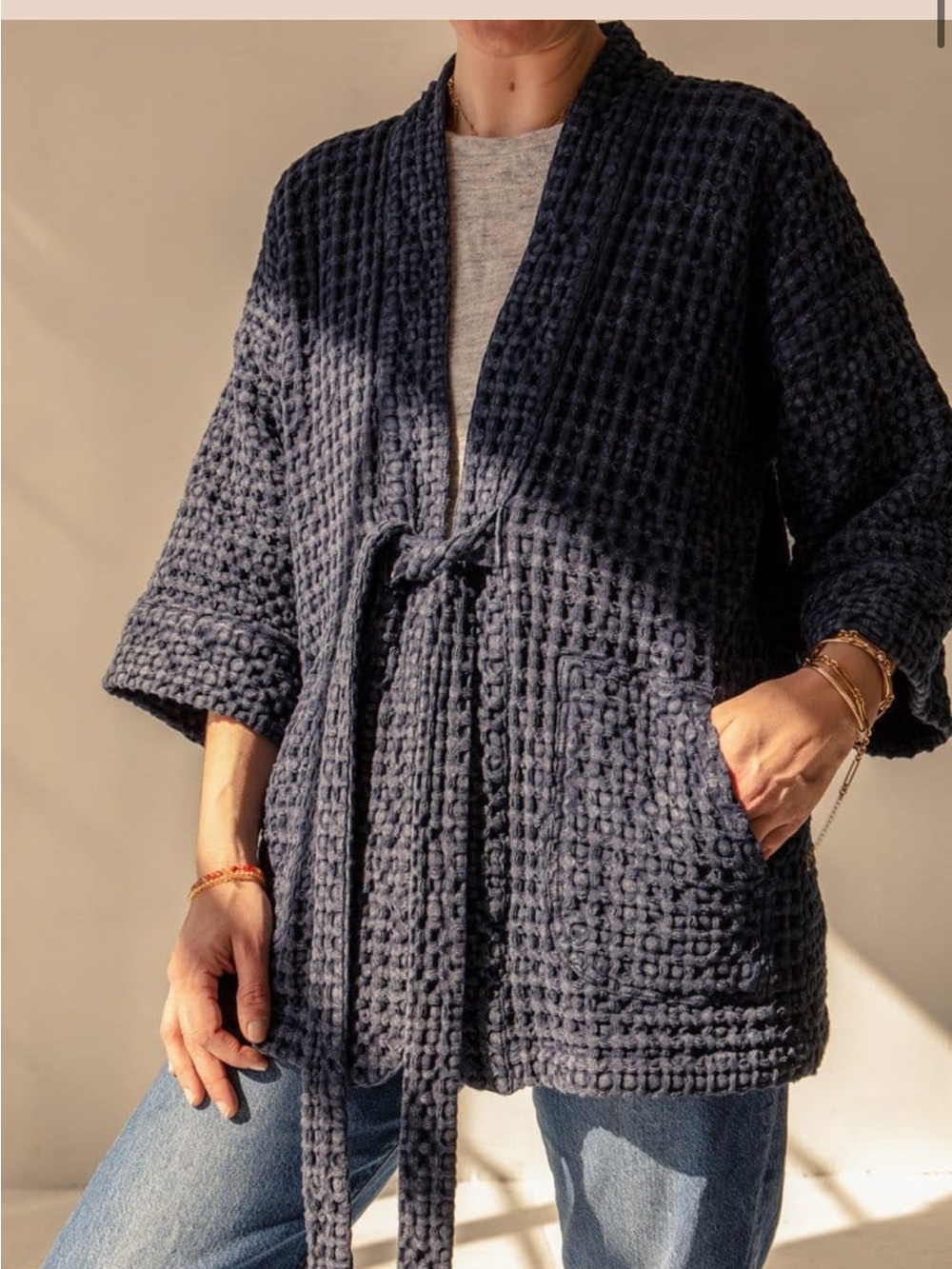 Waffle-Knit Tie-Waist Cardigan Jacket - Navy